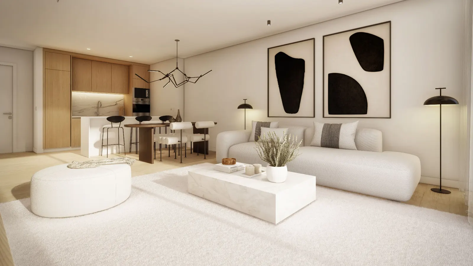 Salón abierto a cocina con mobiliario contemporáneo